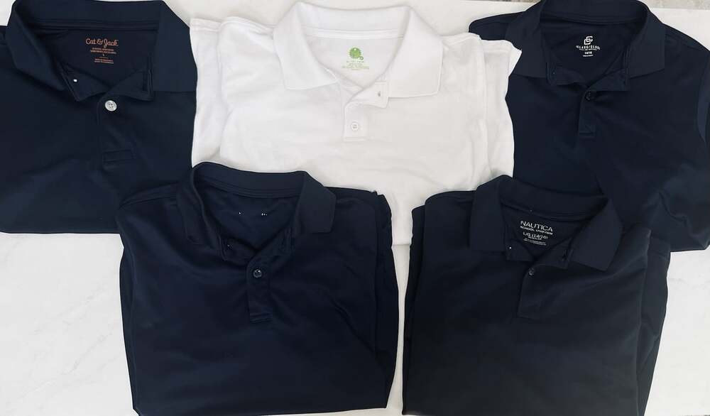 5 Boys School Uniform Polo Shirts Navy White Size L 14/16 16/18